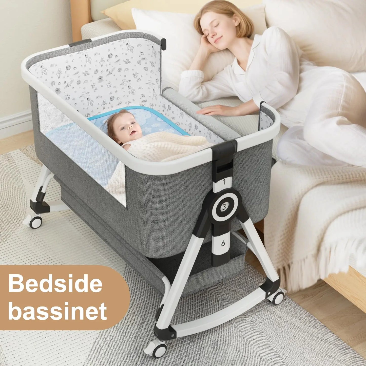 3 in 1 Baby Bassinet,Bedside Sleeper with Storage Basket and Wheels,Portable Baby Crib with Mosquito Net, 6 Adjustable Height & Breathable Mesh,Easy to Fold
