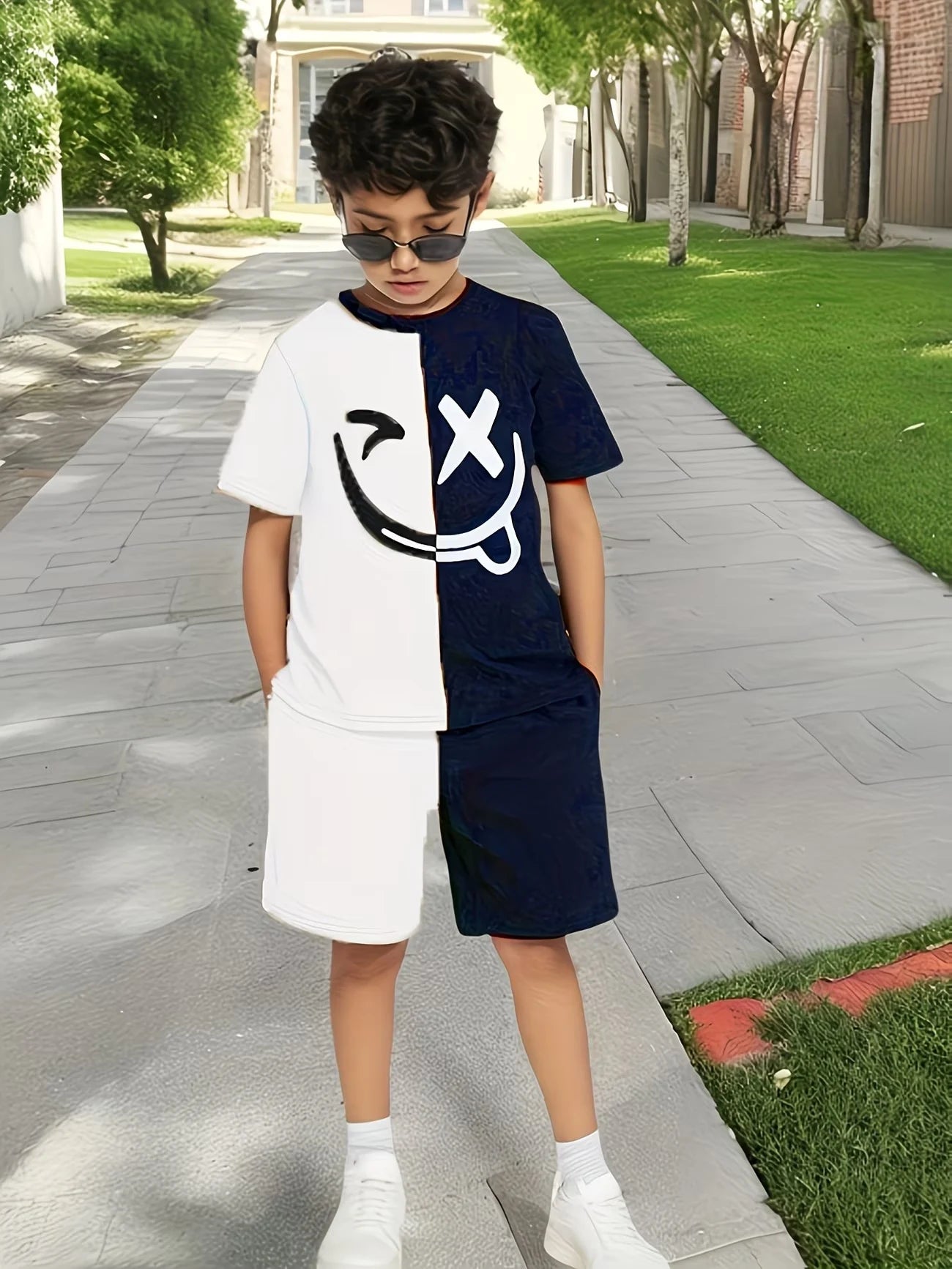 Boys 2Pcs Summer Outfit Smile Face Print Beige Black Color Block Casual Sportswear Kids Streetwear Tracksuit