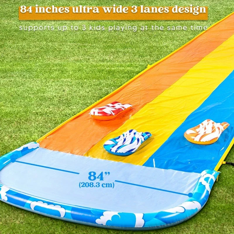 Joyfy 22.5FT Triple Lane Lawn Water Slide with 3 Body Boards for Kids, Adults & Summer Parties