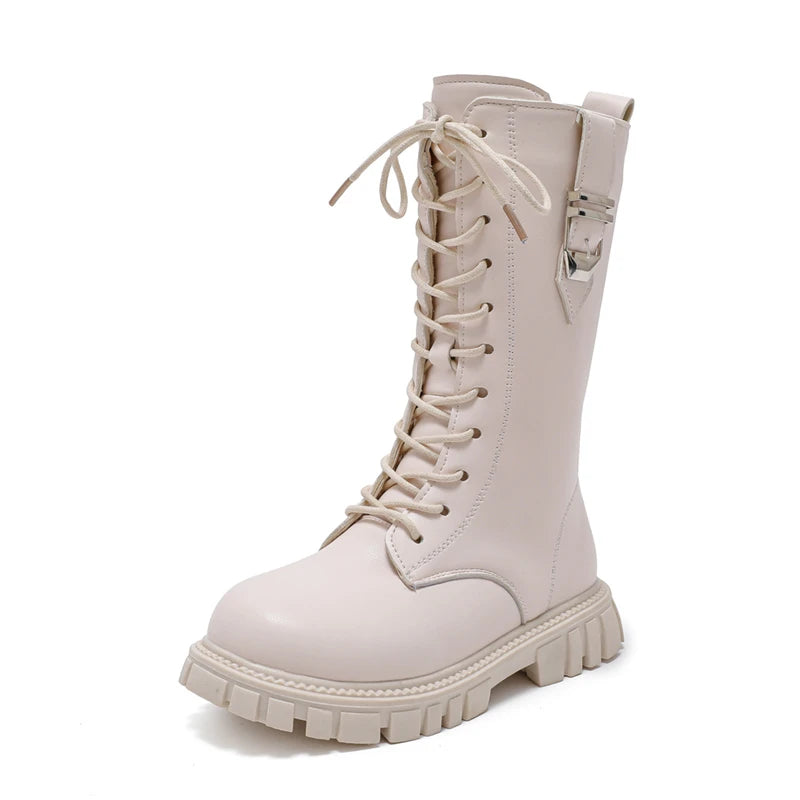 Elegant Zipper Baby Girl Casual Fashion Boots Autumn/winter Round Toe Warm Thick Sole Lace Comfortable Children's Midsole Boots