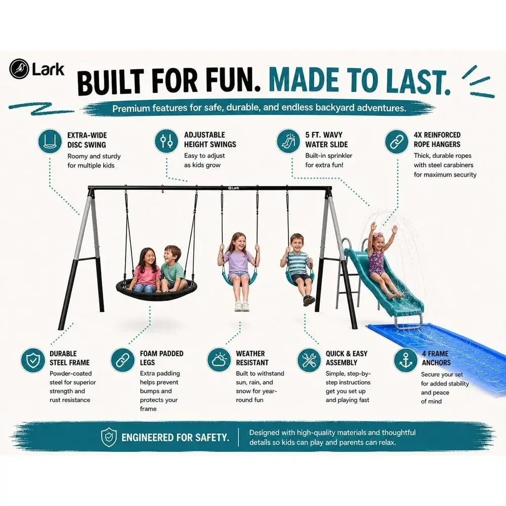 6-Foot Water Slide with Tarp, Disc Swing, 2 Sling Swings, 3-Seat Merry-Go-Round, Heavy-Duty Ropes, Weather-Resistant Steel