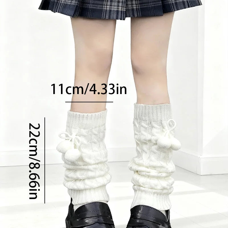 2PCS Kawaii Leg Warmers with Pom Poms, Cable Knit Boot Socks for Layering with Skirts Sneakers, Cute Fashion Accessory 22cm