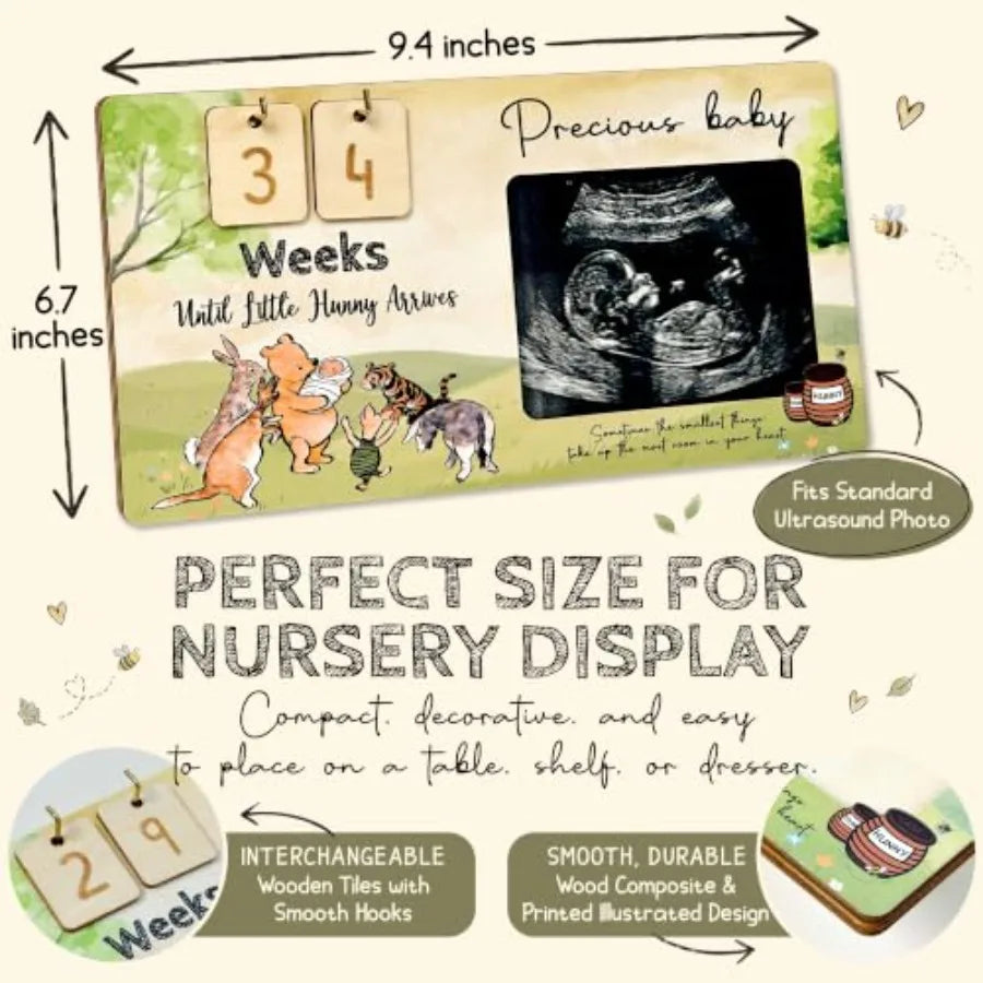 Winnie Baby Announcement Sign - Ultrasound Picture Frame with Baby Countdown, Expecting Parents to be Pregnancy Keepsake, Winni