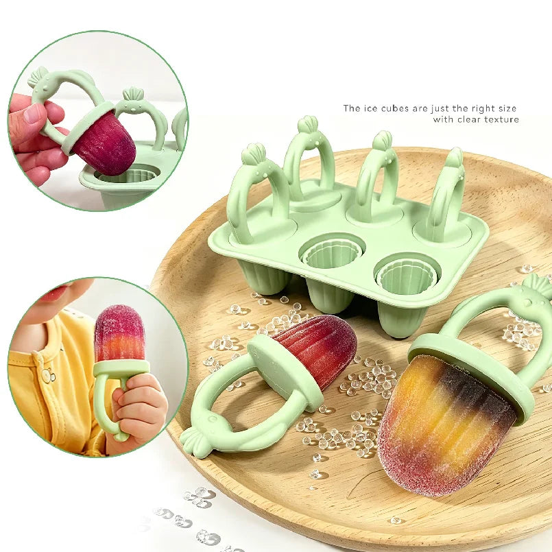 6-compartment silicone popsicle mold for babies, easy to grip, with anti-choking design, suitable for baby food preparation.
