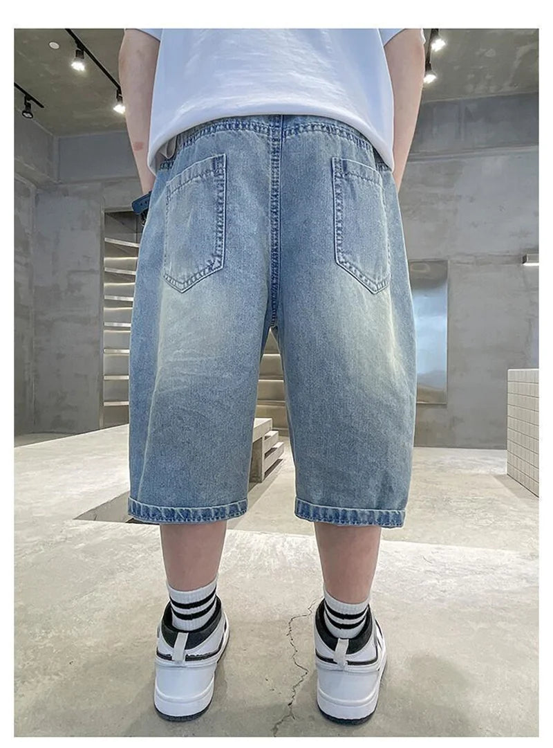 Boys Straight Denim Shorts Summer Children Casual Wide-leg Knee Length Pants Teenage Jean Short Trousers Kids Clothing 5-14 Year
