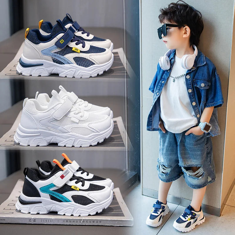 Kid Sneakers Sport Shoes for Boys Fashion Leather Children Breathable Mesh Comfort Shoes Casual Walking Outdoor Running Shoes