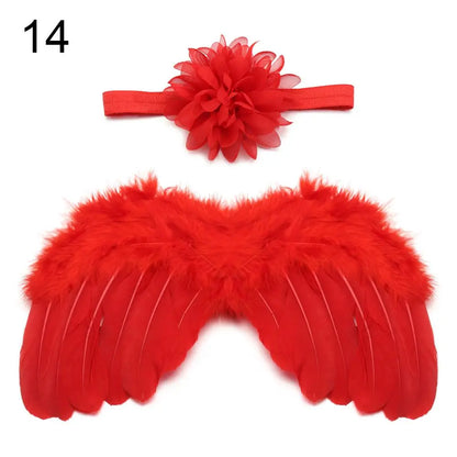 2pcs/set Cute Newborn Angel Feather Wings with Baby Girl Rose Flower Headband Hair Accessories for Infant Photography Props