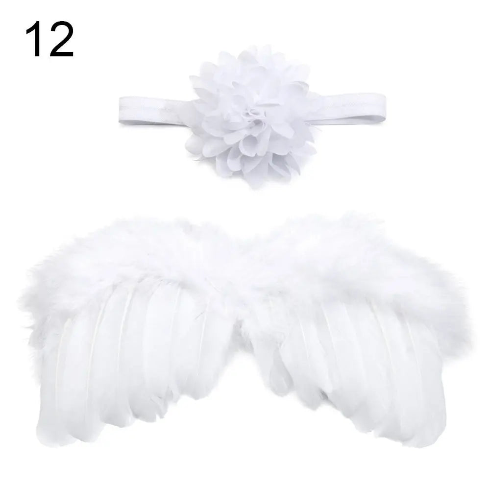 2pcs/set Cute Newborn Angel Feather Wings with Baby Girl Rose Flower Headband Hair Accessories for Infant Photography Props