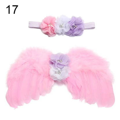 2pcs/set Cute Newborn Angel Feather Wings with Baby Girl Rose Flower Headband Hair Accessories for Infant Photography Props