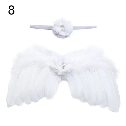 2pcs/set Cute Newborn Angel Feather Wings with Baby Girl Rose Flower Headband Hair Accessories for Infant Photography Props