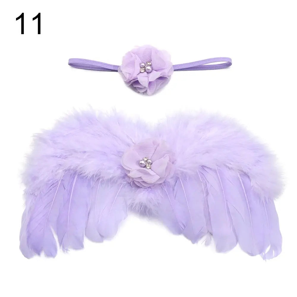 2pcs/set Cute Newborn Angel Feather Wings with Baby Girl Rose Flower Headband Hair Accessories for Infant Photography Props