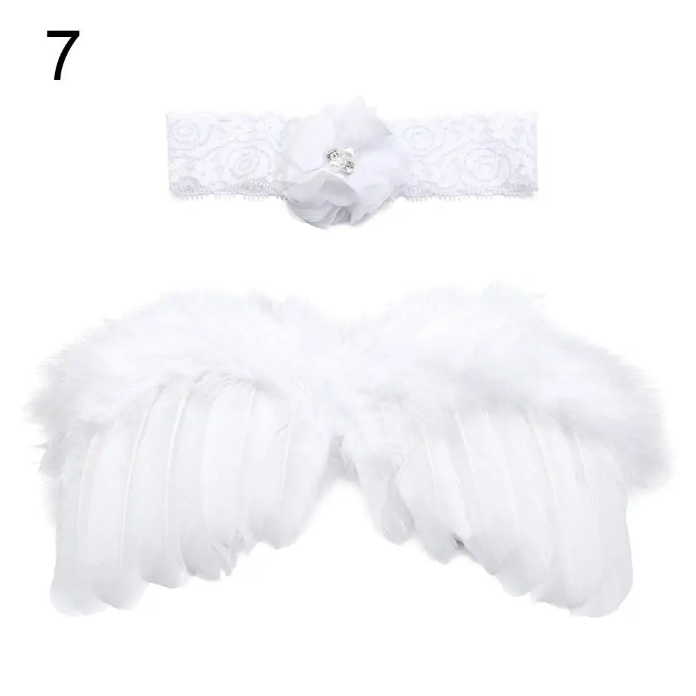 2pcs/set Cute Newborn Angel Feather Wings with Baby Girl Rose Flower Headband Hair Accessories for Infant Photography Props