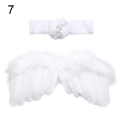 2pcs/set Cute Newborn Angel Feather Wings with Baby Girl Rose Flower Headband Hair Accessories for Infant Photography Props
