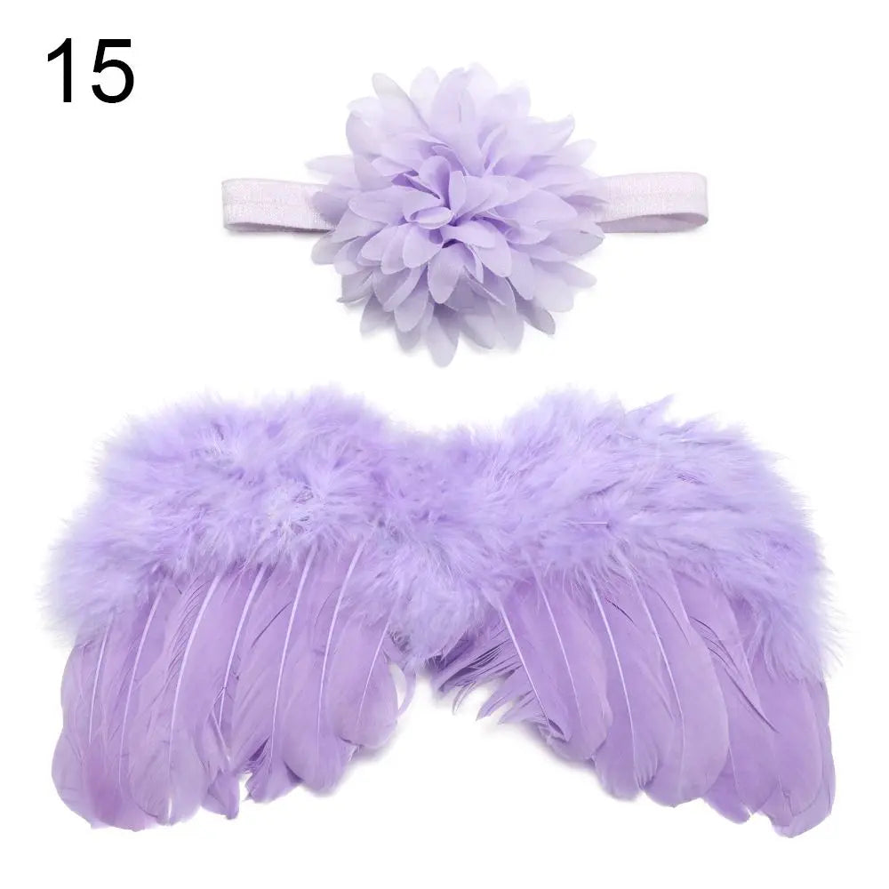 2pcs/set Cute Newborn Angel Feather Wings with Baby Girl Rose Flower Headband Hair Accessories for Infant Photography Props