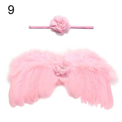 2pcs/set Cute Newborn Angel Feather Wings with Baby Girl Rose Flower Headband Hair Accessories for Infant Photography Props