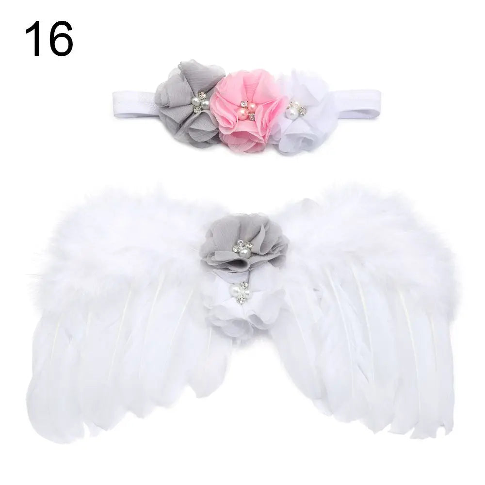 2pcs/set Cute Newborn Angel Feather Wings with Baby Girl Rose Flower Headband Hair Accessories for Infant Photography Props