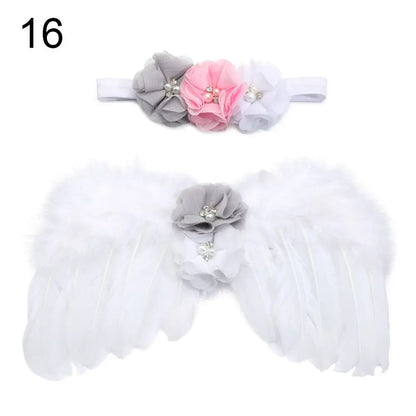 2pcs/set Cute Newborn Angel Feather Wings with Baby Girl Rose Flower Headband Hair Accessories for Infant Photography Props