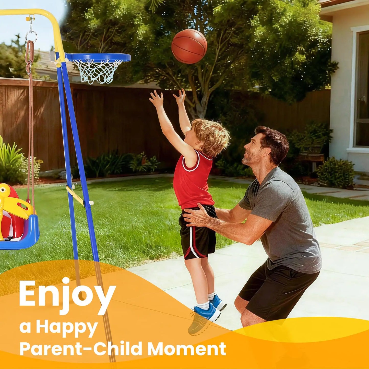 4 In 1 Toddler Swing Set With Basketball Hoop, Foldable Baby Swing With Safety Belt For Indoor Outdoor Backyard Kids Play Fun