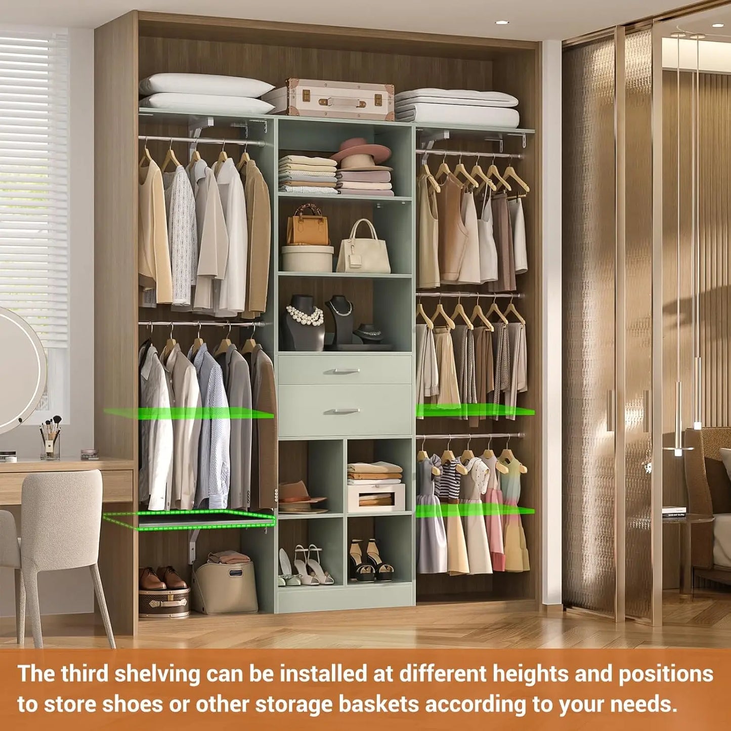 5FT Small Closet System, Baby Closet Organizer System with Wooden Drawers, 60 Inches Walk in Closet System with 5 Hanging Rods a