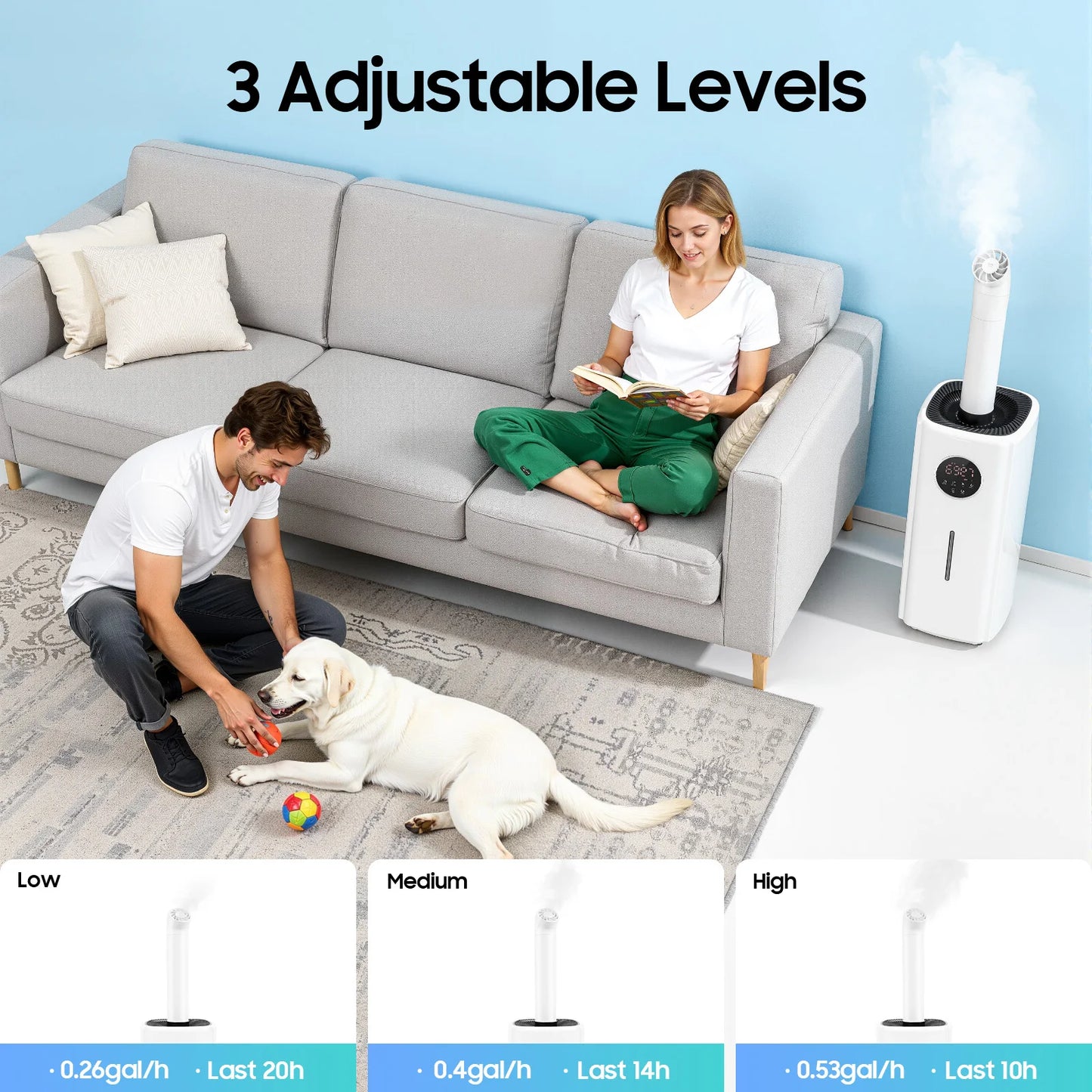 Commercial Humidifier – 5.5Gal Tank – 2000Ml/H Mist Output – 316 Stainless Steel Atomizer – 4-Way Nozzle – Sleep Mode – 0-12H Timer – Remote Control – 4 Wheels with Brakes – for Villa Factory – White