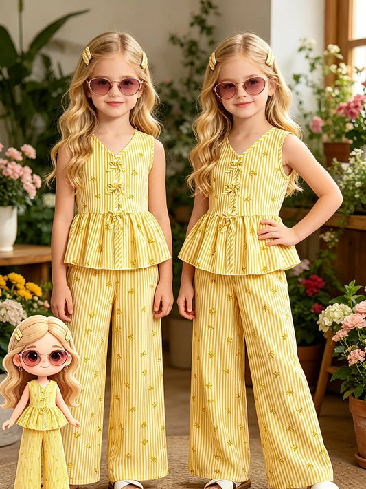 Kids Girls 2-Piece Summer Outfit, Yellow Vertical Stripe Bow Print V Neck Sleeveless Peplum Top & High Waist Wide Leg Pants Casu