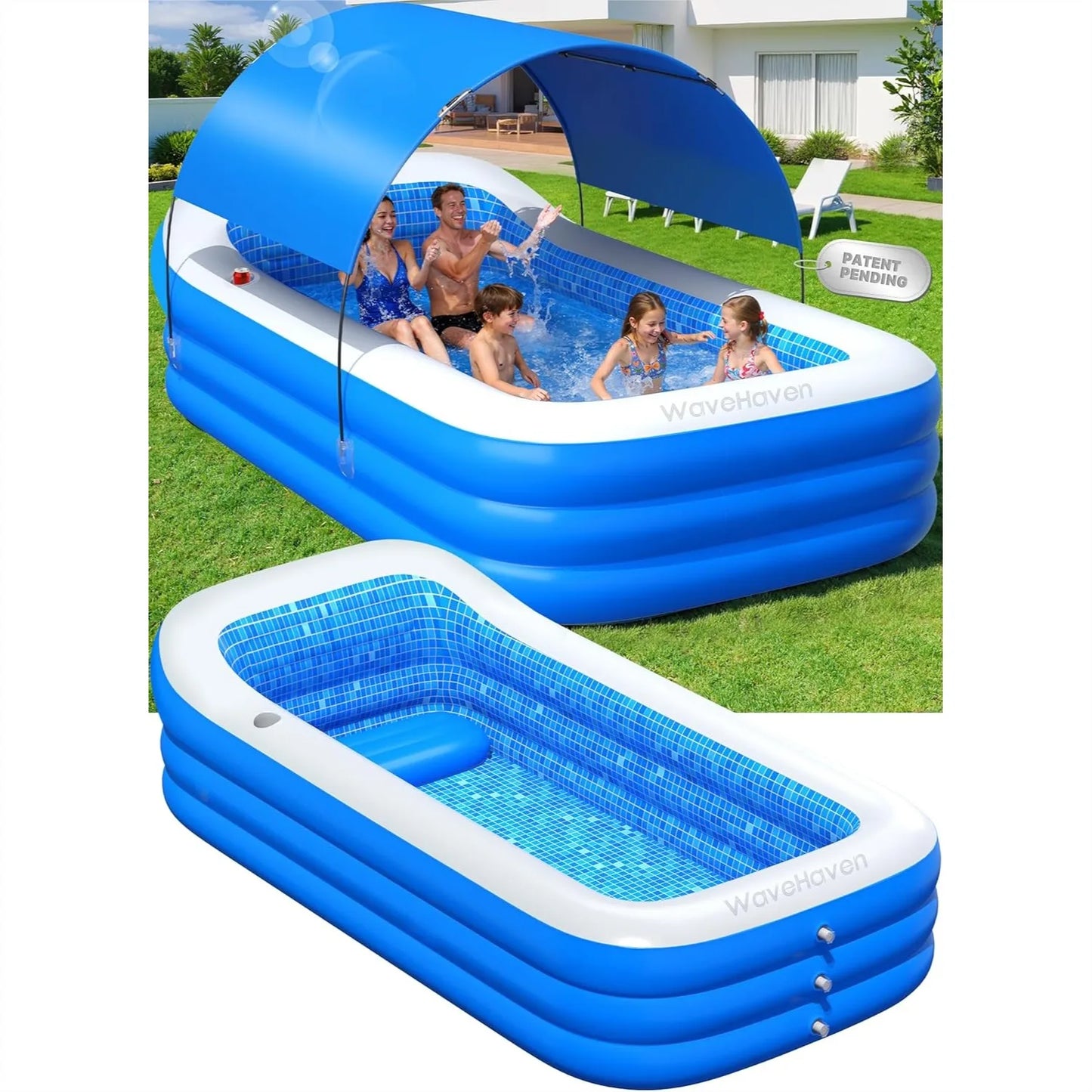 Inflatable Pool with Canopy, Upgraded Blow Up Pool for Adults & Kids, Large Kiddie Pool with Seat and Backrest 110"x63"x20" Blue