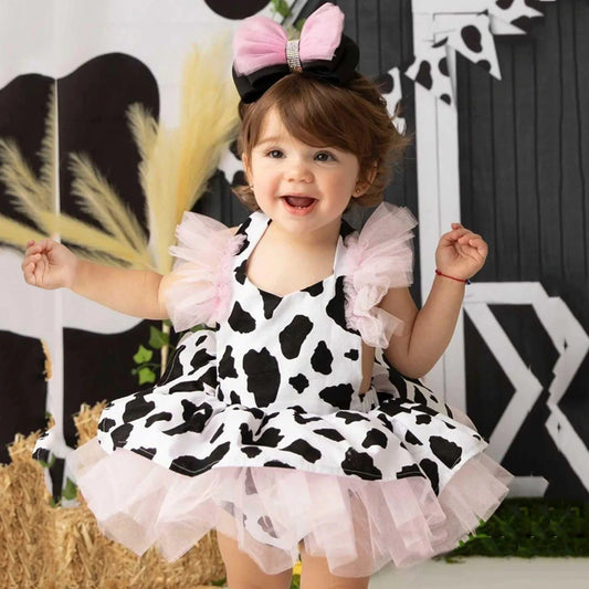 Toddler Baby Girls Romper Dress, Cute Cow Print Sleeveless Tulle Jumpsuit