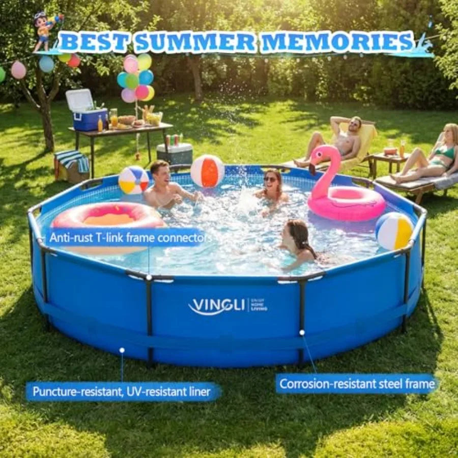 Backyard outdoor portable water pool for kids and adults, metal frame, round, 12FT x 30IN, silver, rust-resistant and easy asse
