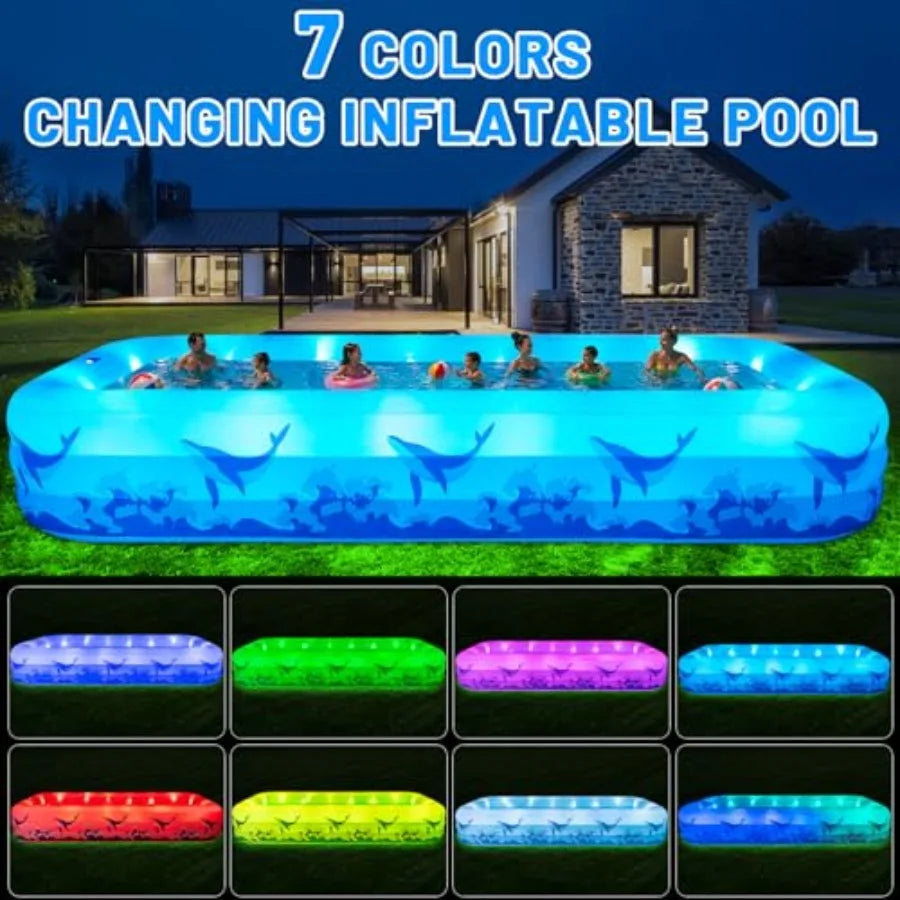 Backyard outdoor inflatable swimming pool for kids and adults, durable thickened PVC, multicolor 7-color LED light,solar-powere