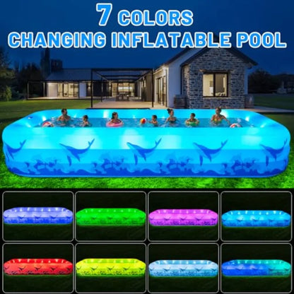Backyard outdoor inflatable swimming pool for kids and adults, durable thickened PVC, multicolor 7-color LED light,solar-powere