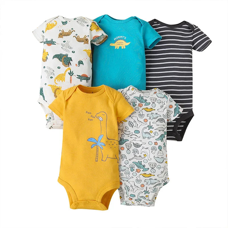 5-Piece Unisex Baby Bodysuit Set, Short Sleeve Cartoon Jumpsuits for Newborn Infants