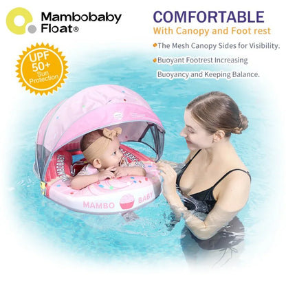 Mambobaby Baby Pool Float with Canopy & Tile Baby Swim Ring Infant Swimming Trainer Circle With Adjustable Strap for Boys Girls