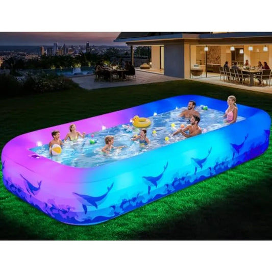 Backyard outdoor inflatable swimming pool for kids and adults, durable thickened PVC, multicolor 7-color LED light,solar-powere