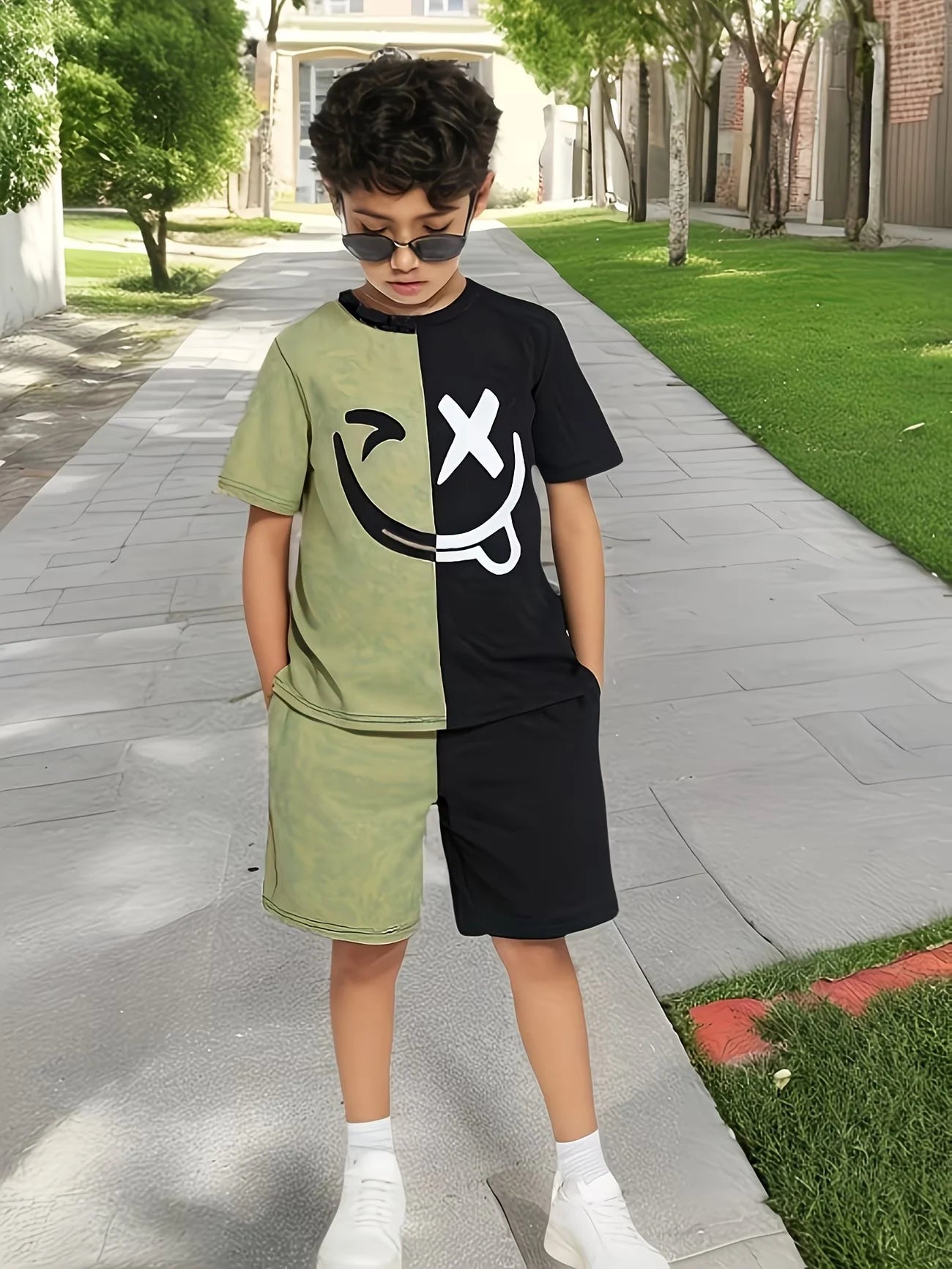 Boys 2Pcs Summer Outfit Smile Face Print Beige Black Color Block Casual Sportswear Kids Streetwear Tracksuit