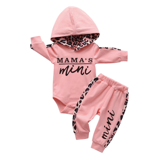 Infant Baby Girl Clothes Set, “Mama’s Mini” Hoodie Pullover & Leopard Pants Outfit