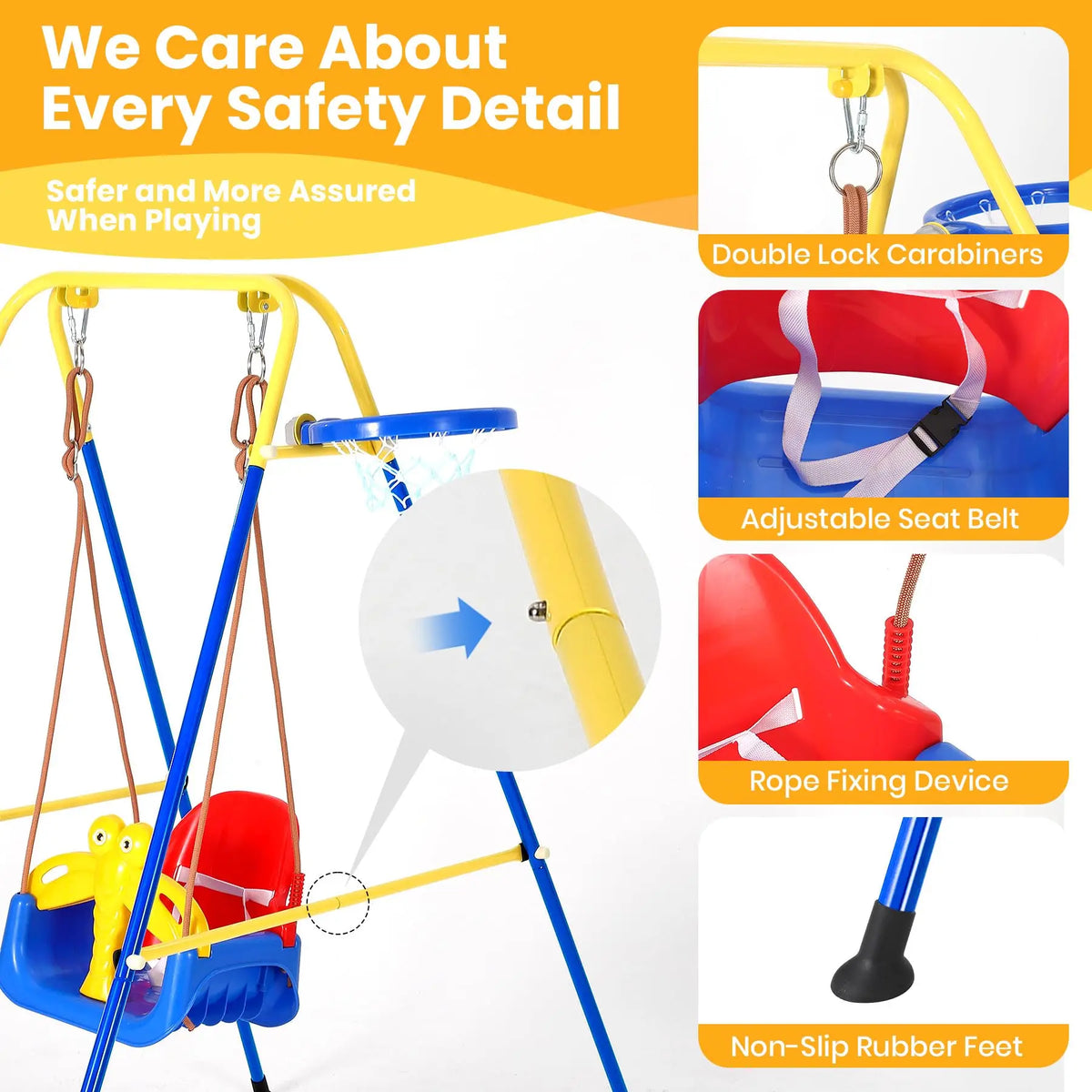 4 In 1 Toddler Swing Set With Basketball Hoop, Foldable Baby Swing With Safety Belt For Indoor Outdoor Backyard Kids Play Fun