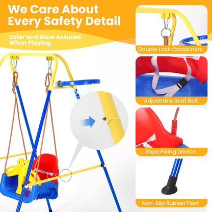 4 In 1 Toddler Swing Set With Basketball Hoop, Foldable Baby Swing With Safety Belt For Indoor Outdoor Backyard Kids Play Fun