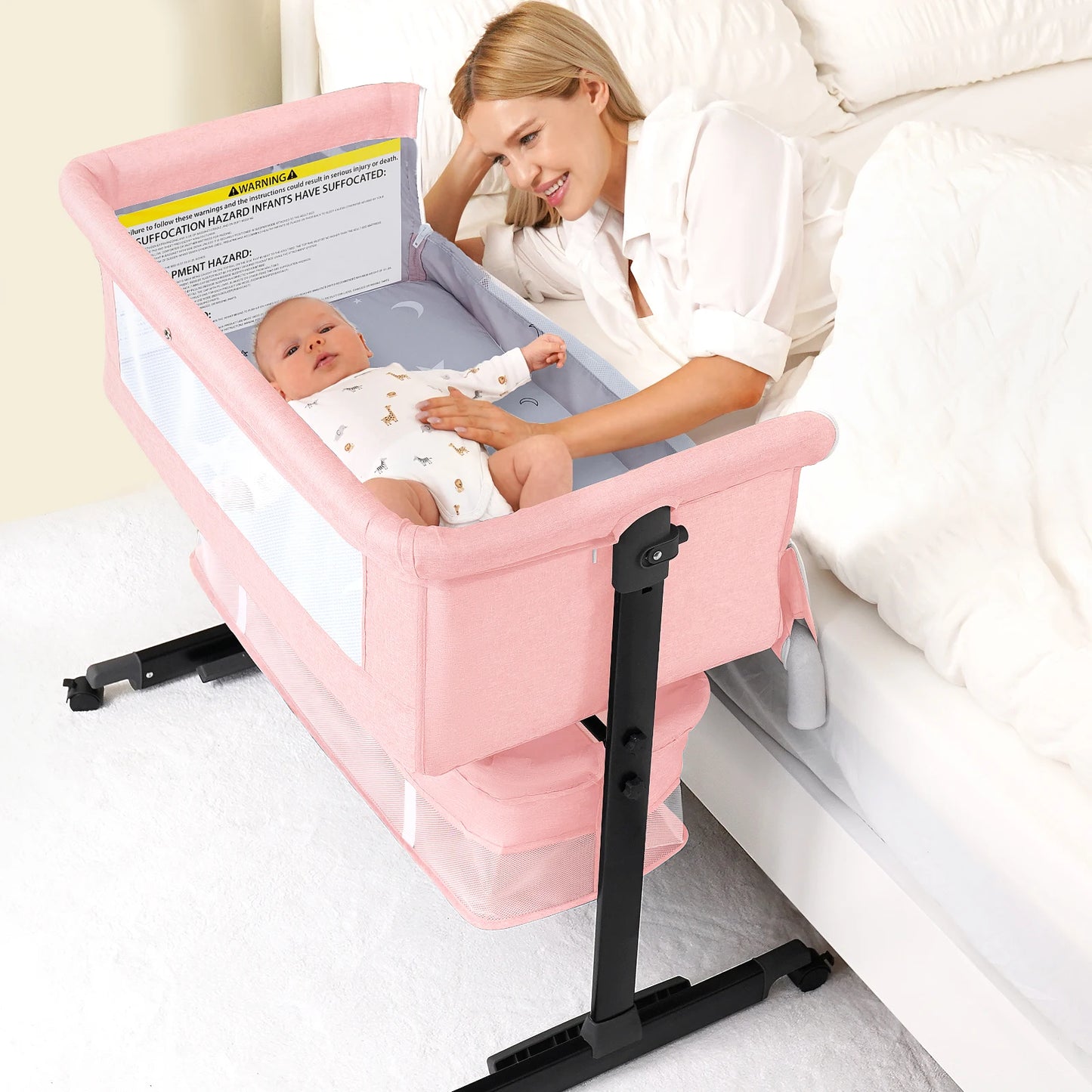 Baby Bedside Bassinet 3-in-1 Baby Crib Headboard Bed Portable Travel Crib Easy Assemble And Folding Multifunctional Baby Cradle