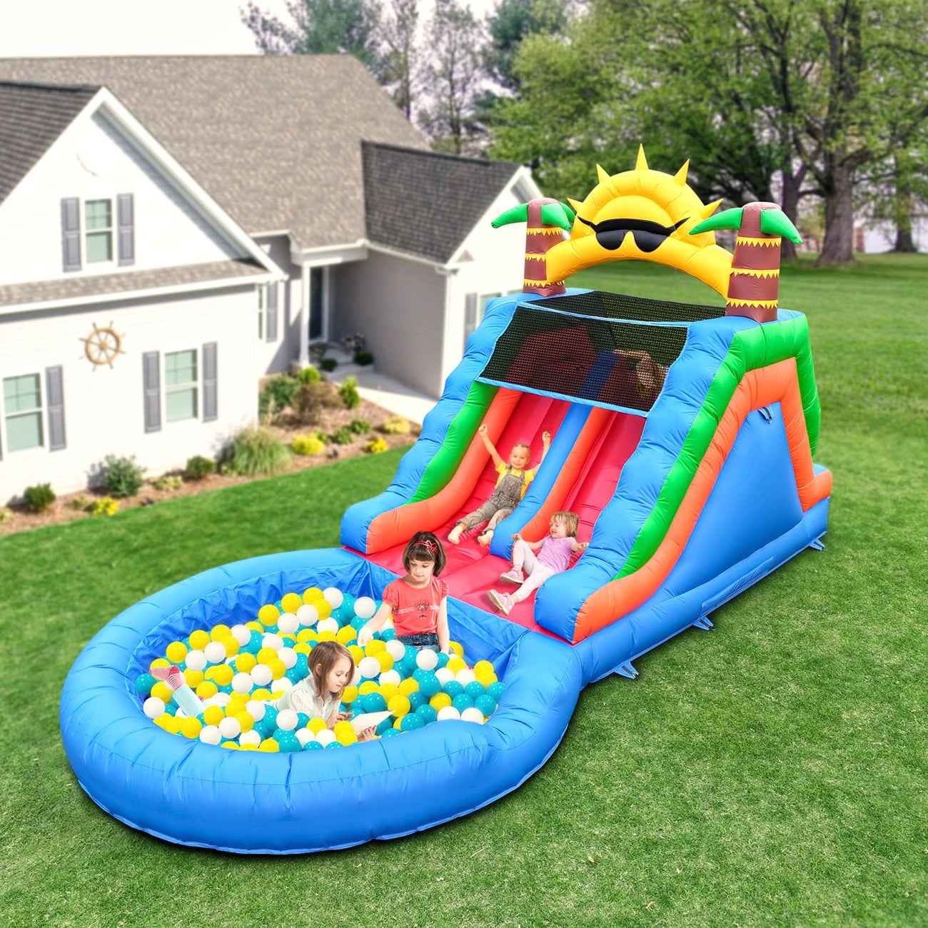 Commercial PVC Inflatable Bounce House with Water Slide, Bubble Splash Pool and 950W Air Blower