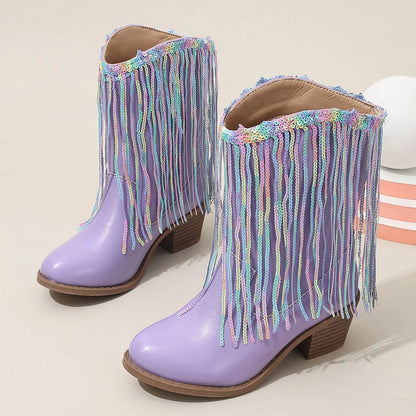 Girls Boots Cowboy Western Boots Mid Calf Riding Shoes For Girls Leather Boots Mid Tube Fashionable Casual Shoes With Tassels