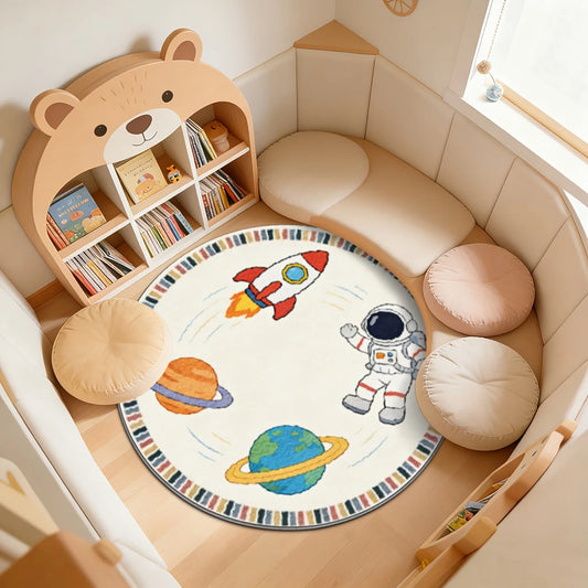 Round Space Astronaut Rug Play Mat, Soft Washable Area Rug for Kids Nursery Room & Toddlers