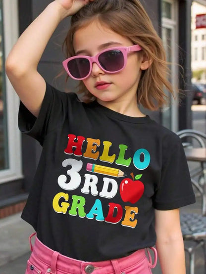 Young Boy's/Girls 'Hello 3rd Grade Cotton Graphic Tees, Back To School Clothes Girls, Black Summer Tops With Colorful School The