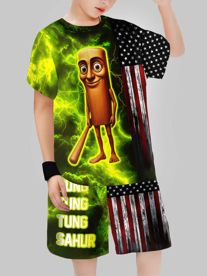 2025 New Fashion AI Games TungTungTung Sahur Design T-shirt+Shorts Summer Clothing Set Sports Suit T-Shirt & Pants Baby Outfits