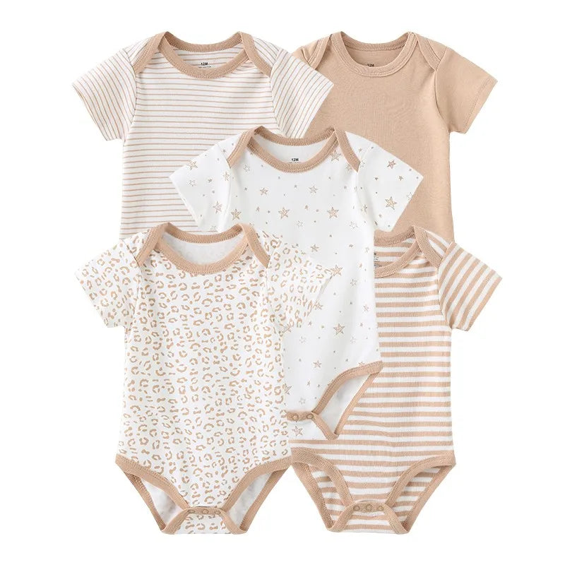 Kiddiezoom Summer 5 Piece Fashion Cartoon Boys and Girls Bodysuits 100% Cotton Soft Newborn Bodysuit Set