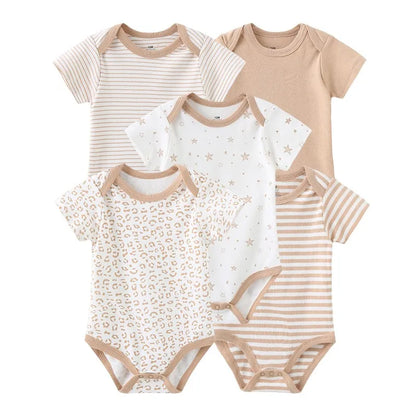 Kiddiezoom Summer 5 Piece Fashion Cartoon Boys and Girls Bodysuits 100% Cotton Soft Newborn Bodysuit Set