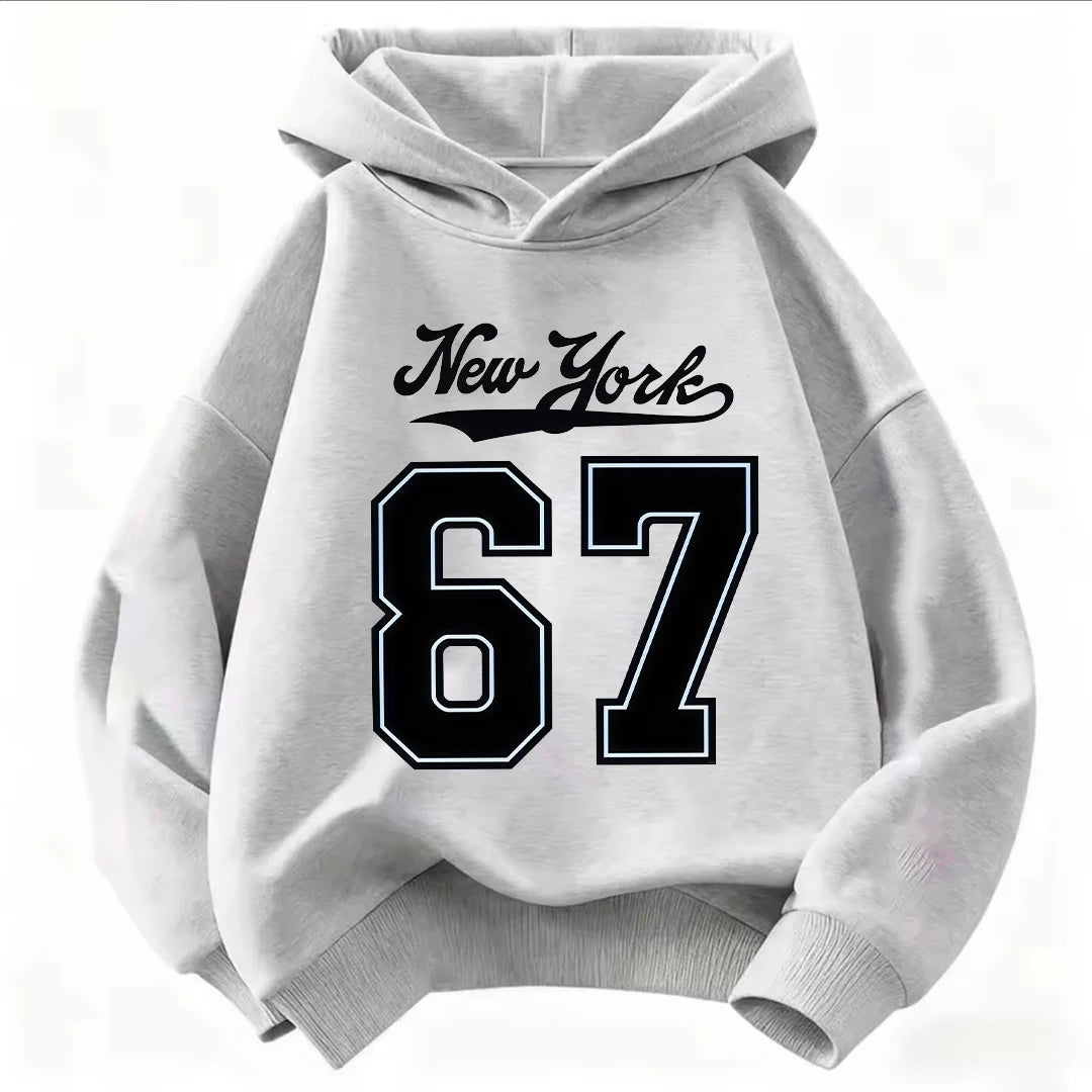 Children Hooded Sweatshirt New York Cursive & 67 Outline Number Print Loose Fit Kids Hoodie for 2-12 Years Boys Girls Tops