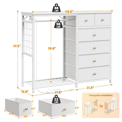 49.2" W White Dresser for Bedroom with Hanging Rack, 6 Drawers Dresser with LED Lights & Charging Station, Fabric, Customized