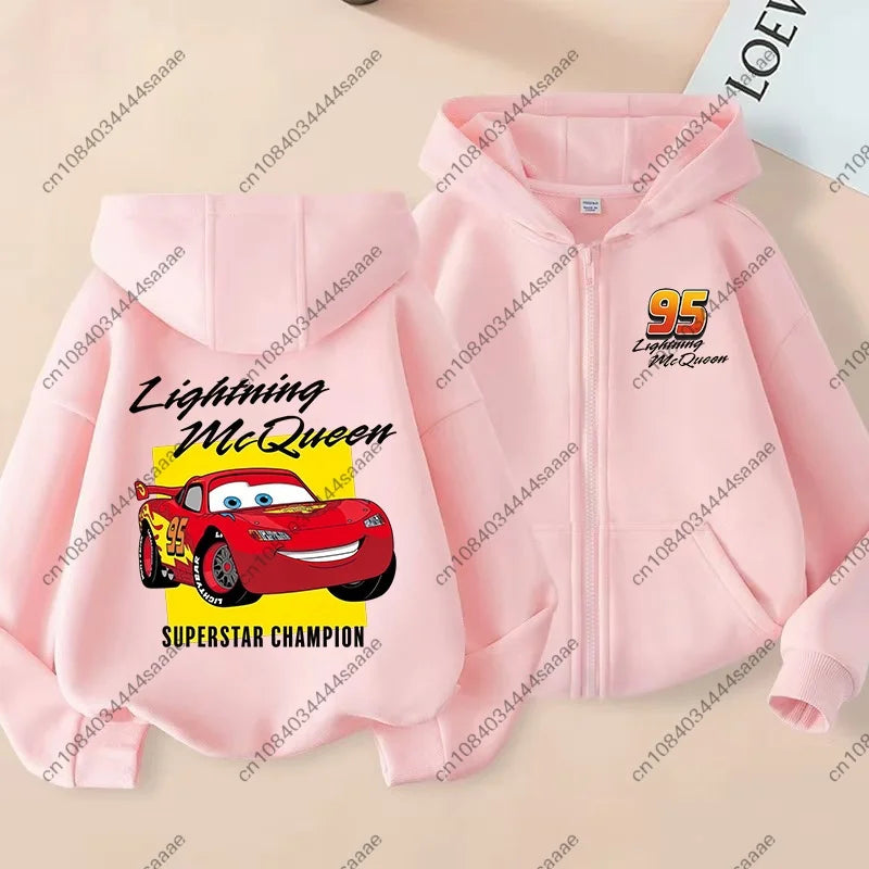 Lightning Mcqueen Sally Sports Zipper Hoodies Boys Girls Anime Cartoon Cute Hooded Sweatshirt Children Autumn Fashion Clothes