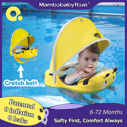 Mambobaby Baby Float with Sunshade, Solid Core Swim Ring and Safety Crotch Strap for Ages 0–7