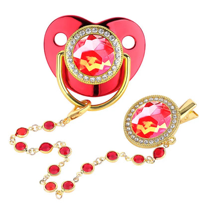 Luxury Zircon Baby Pacifier with Crystal Bead Chain Clip, Cover and Silicone Soother for Newborns
